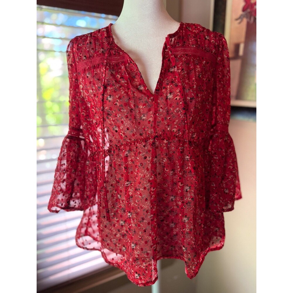 BOHO Chic Lucky Brand Lace Detail Sheer Top Size Small